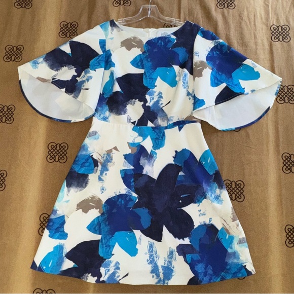 Belle Badgley Mischka Blue Abstract Print Bell Short Sleeve Knee Length Dress - Picture 3 of 16